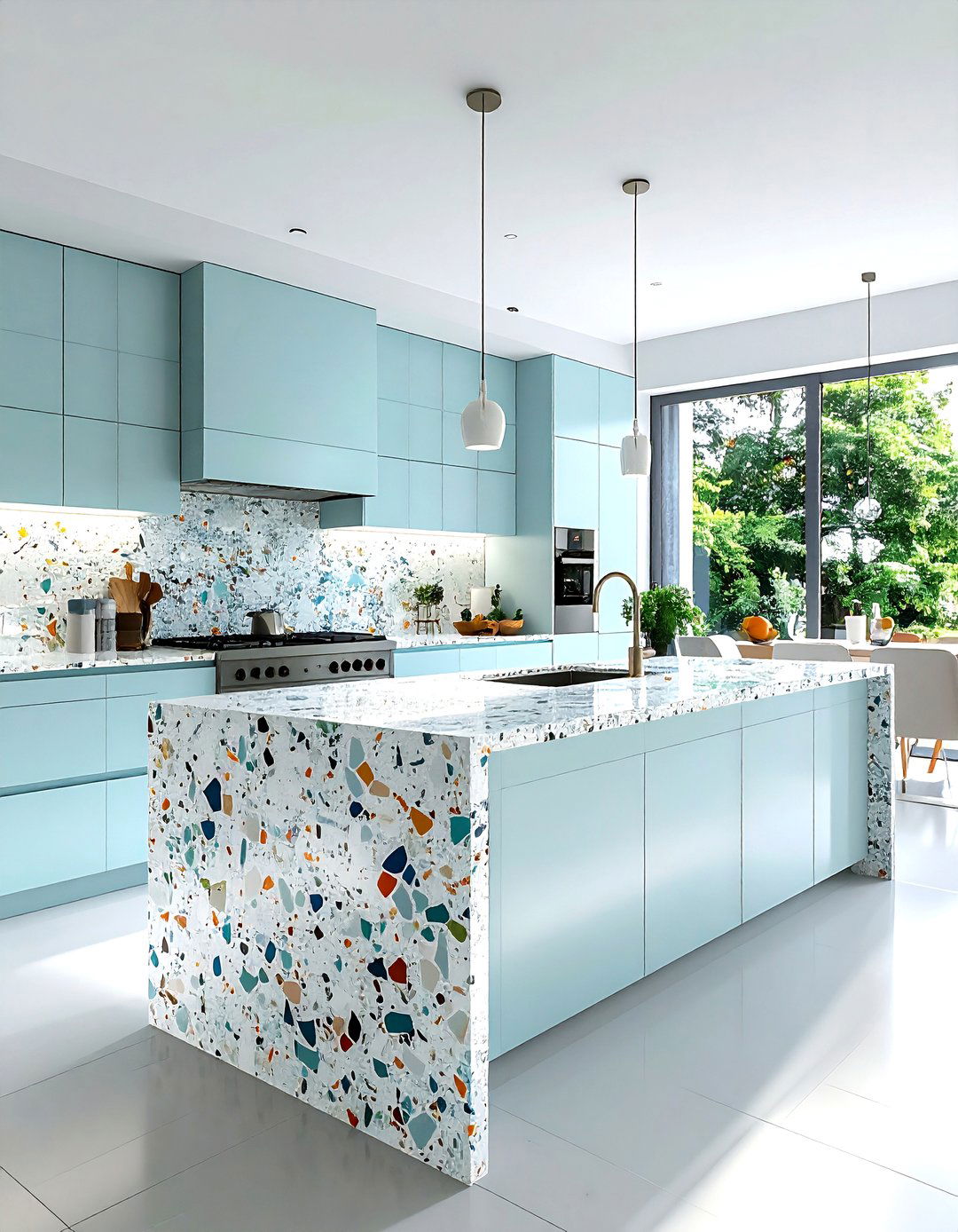 Terrazzo waterfall kitchen island - 30 waterfall countertop kitchen ideas