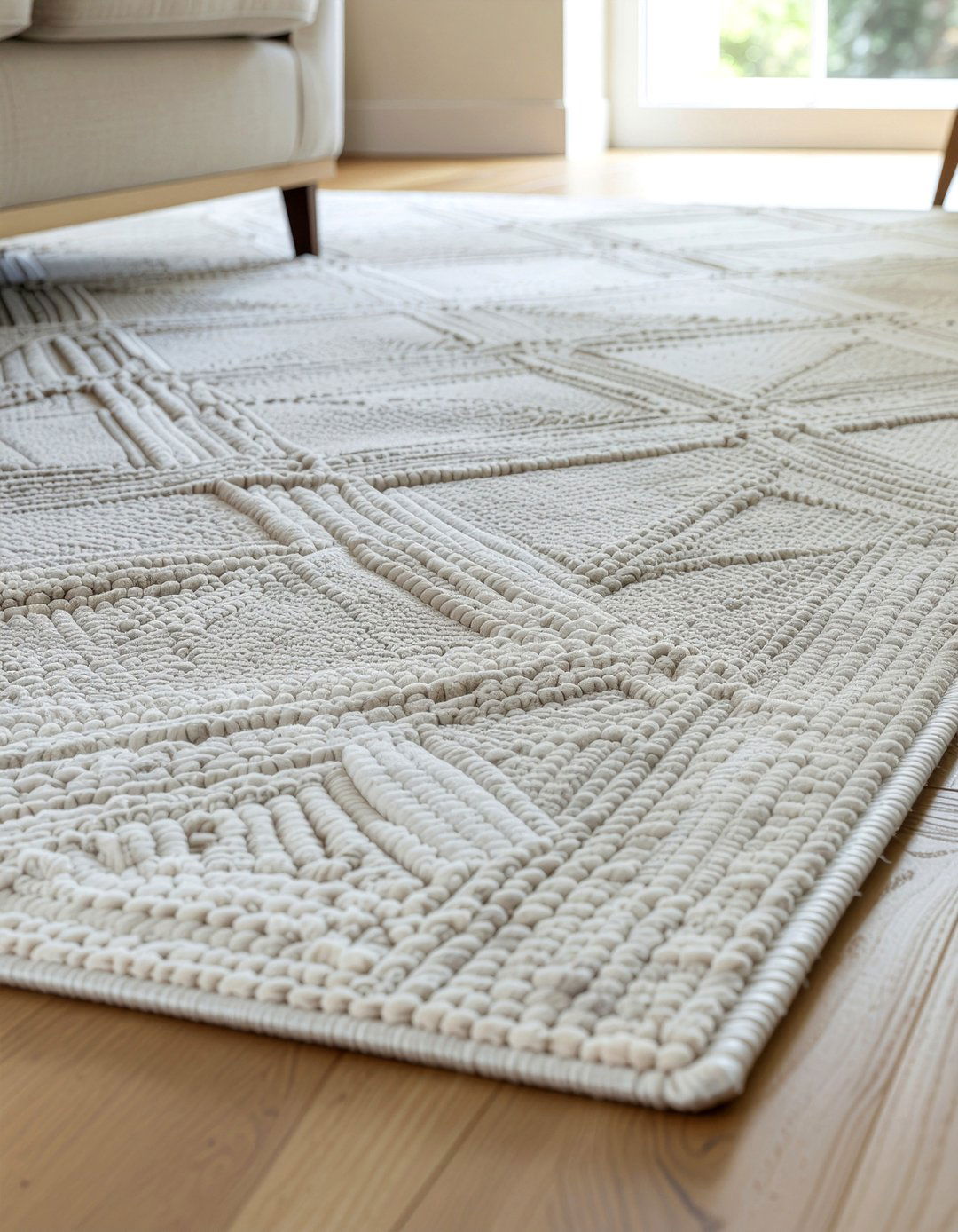 Textured Cream Rug - 30 warm minimalist living room ideas