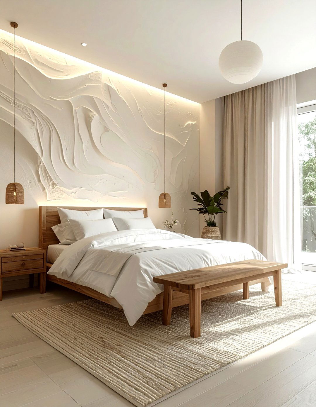 Textured Cream Walls - 30 minimalist cream bedroom ideas