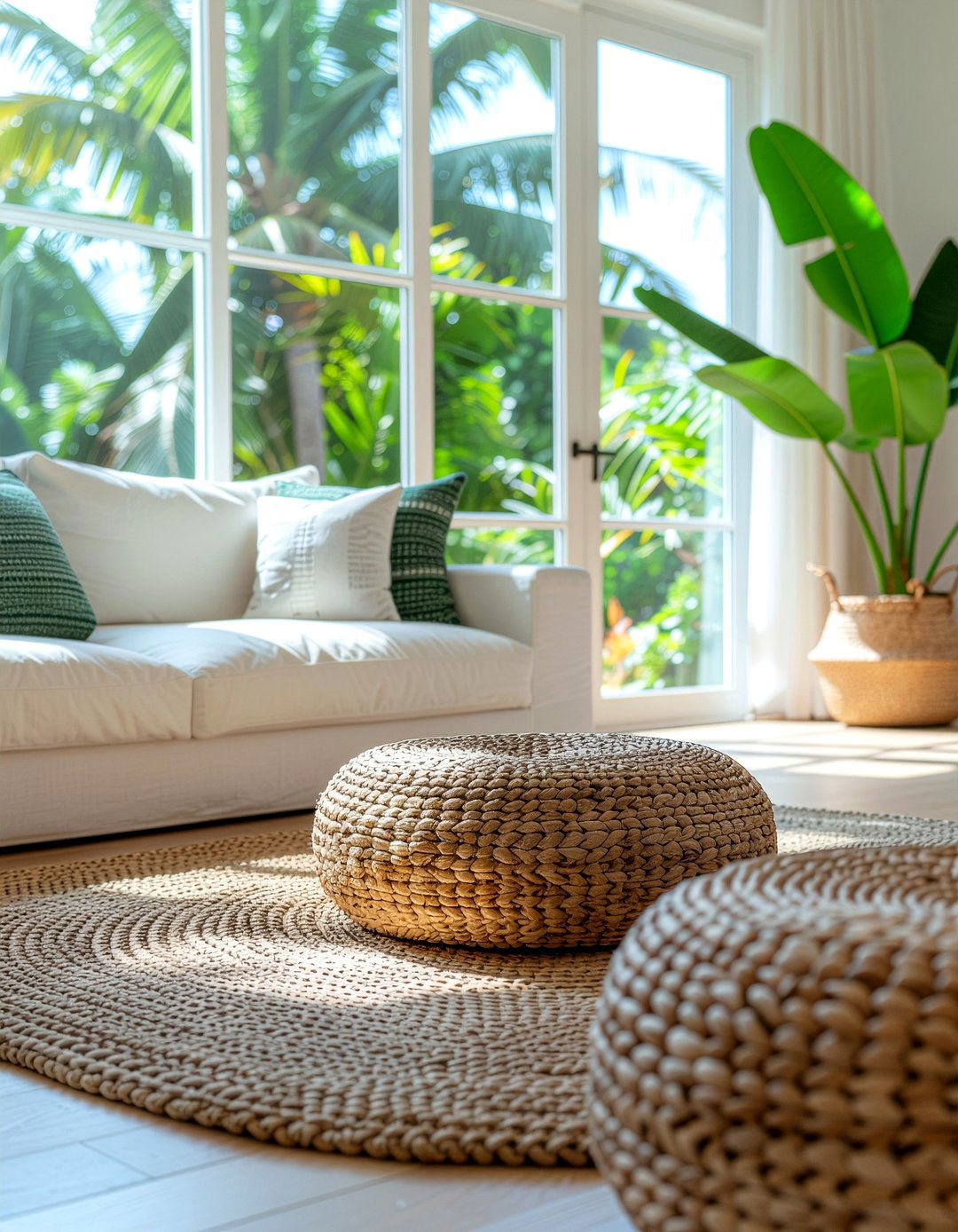 Textured Seagrass Ottoman - 30 living room woven ottoman ideas