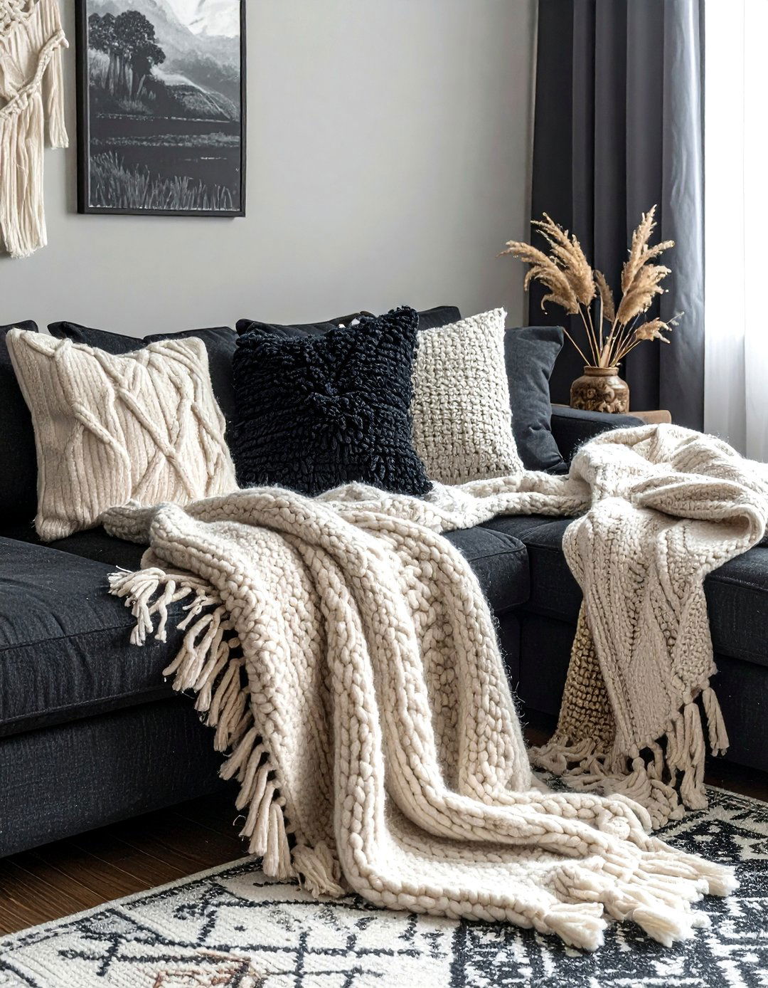 Textured Throw Blankets - 30 bohemian black living room ideas