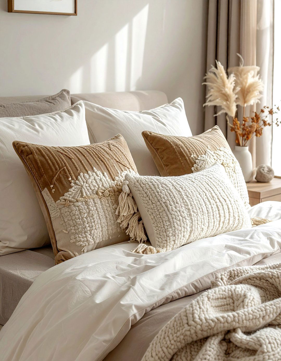 Textured Throw Pillows - 30 beige bedroom accessories ideas