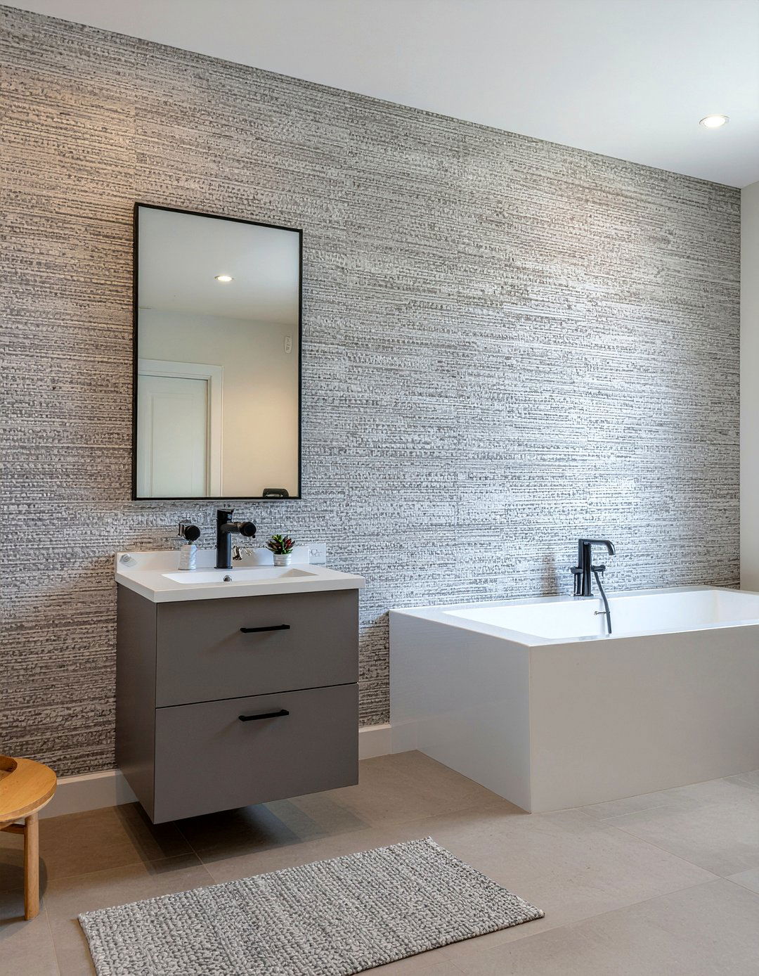 Textured Wallpaper Accent - 30 bathroom high-low mixing ideas