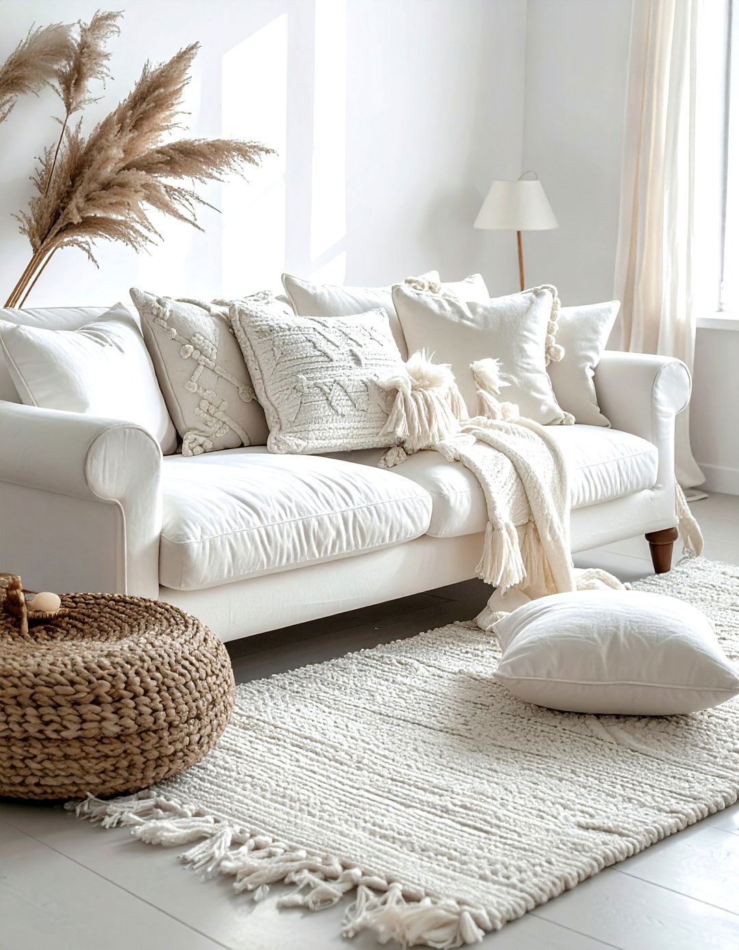 Textured White Living Room Pillows - 30 bohemian white living room ideas