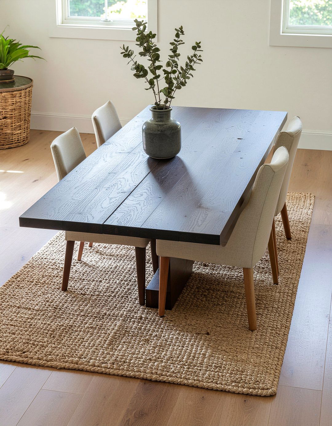 Textured area rug under dining table - 30 calm dining room ideas