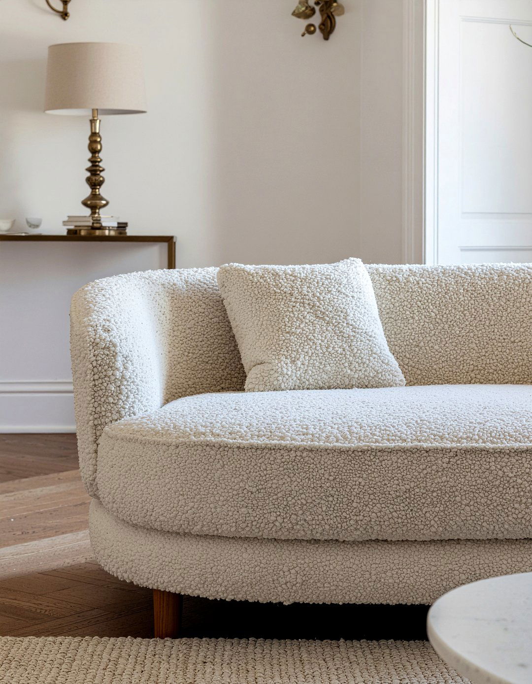 Textured boucle sofa - 30 fabric sofa living room ideas