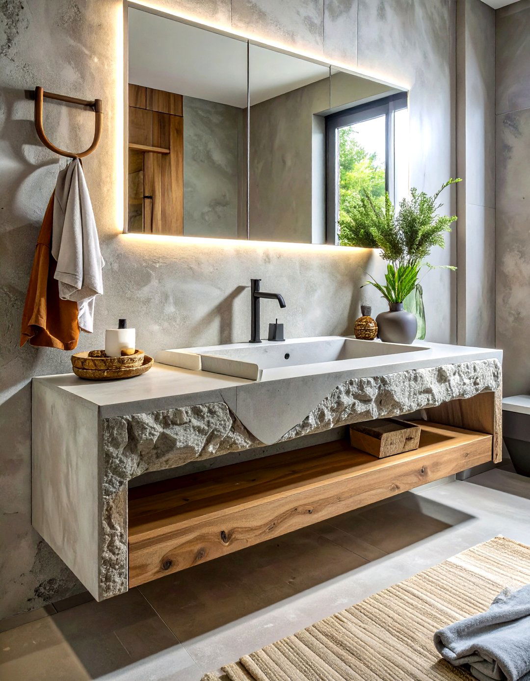 Textured concrete edge - 30 concrete countertop bathroom ideas