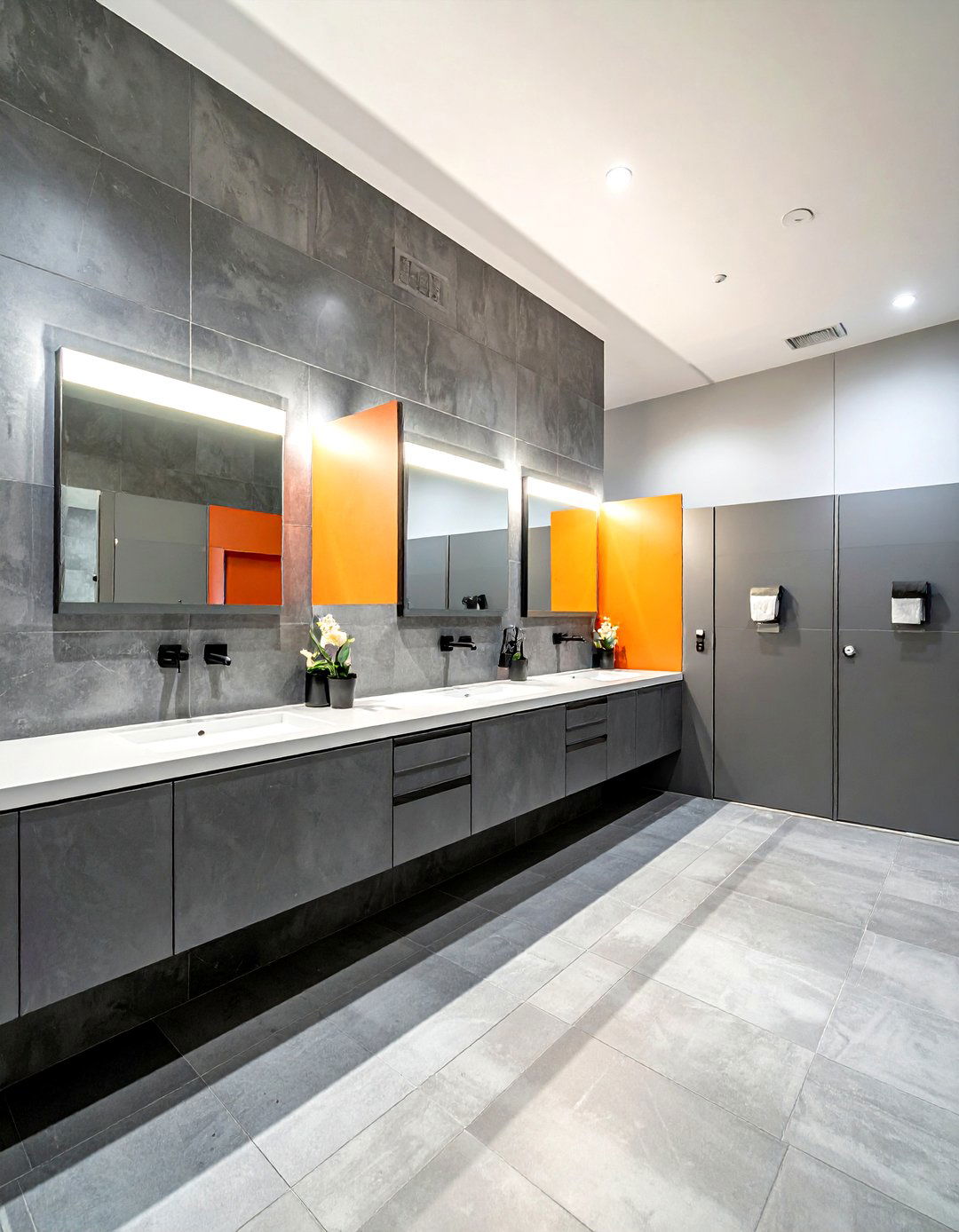 Textured gray bathroom stalls - 30 toilet partition ideas