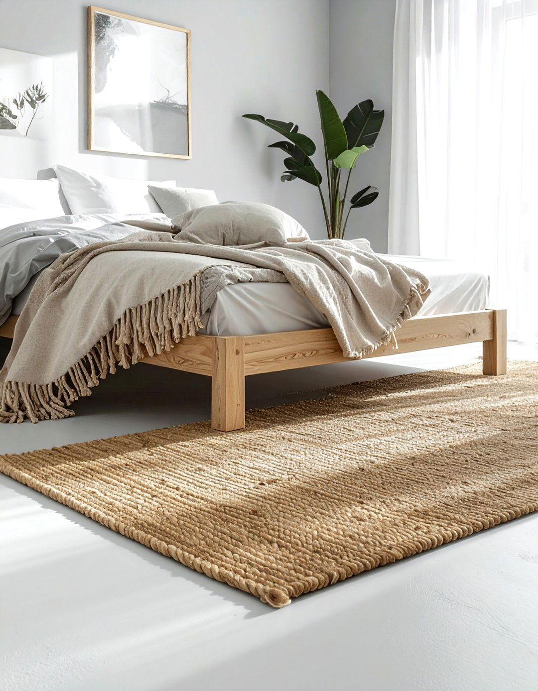 Textured jute area rug - 30 scandinavian grey bedroom ideas