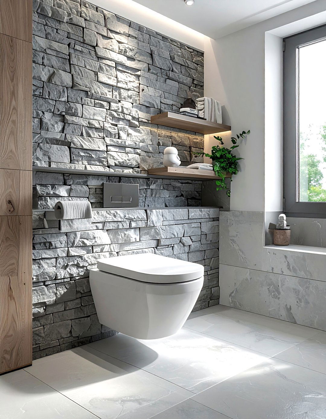 Textured stone wall behind toilet - 30 stacked stone bathroom ideas