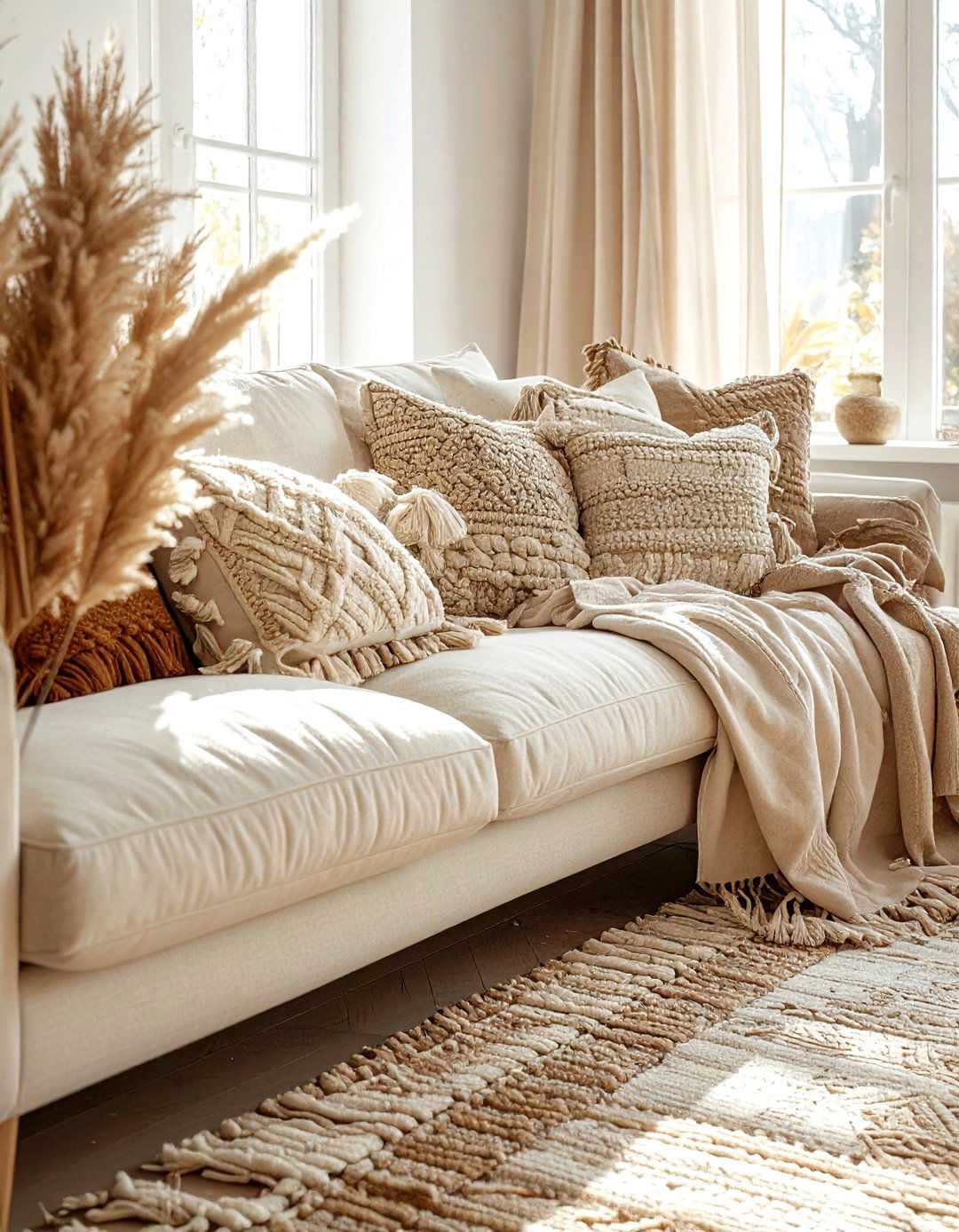 Textured throw pillow living room - 30 bohemian beige living room ideas