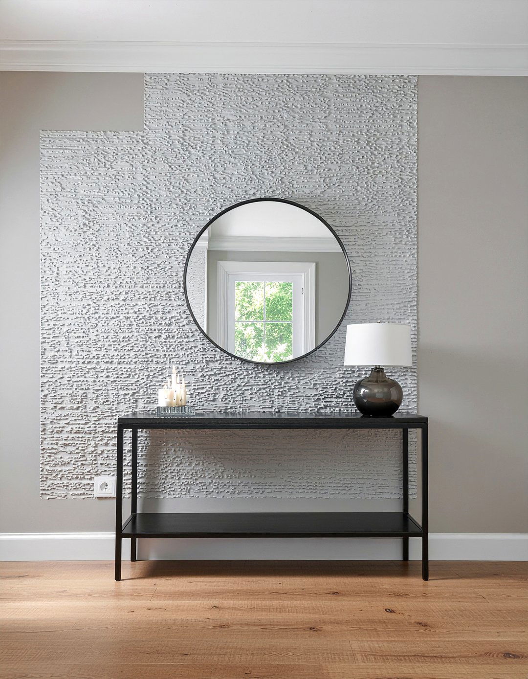 Textured wallpaper accent - 30 warm gray living room ideas