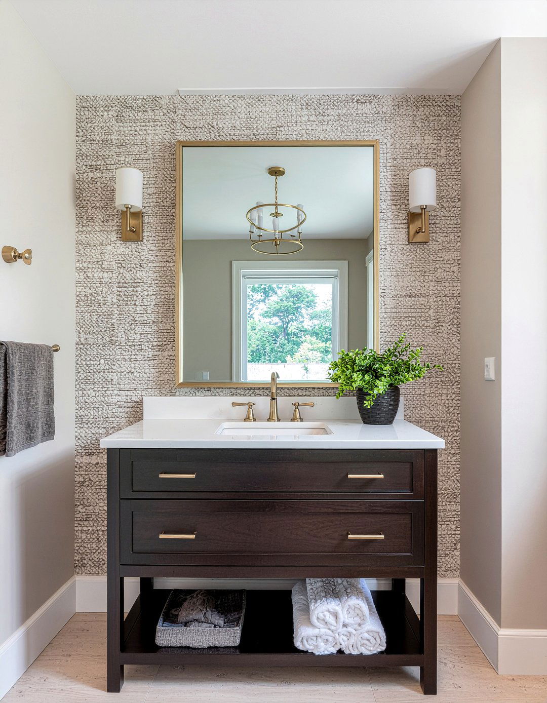 Textured wallpaper behind vanity - 30 bathroom layering ideas