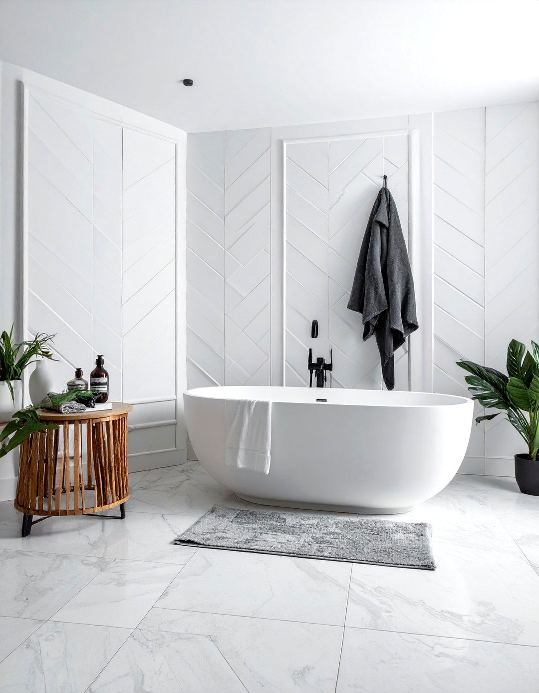 Textured white chevron wall panels - 30 chevron pattern bathroom ideas