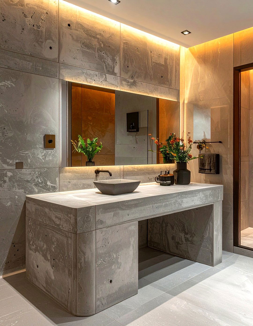 Thick concrete slab counter - 30 concrete countertop bathroom ideas