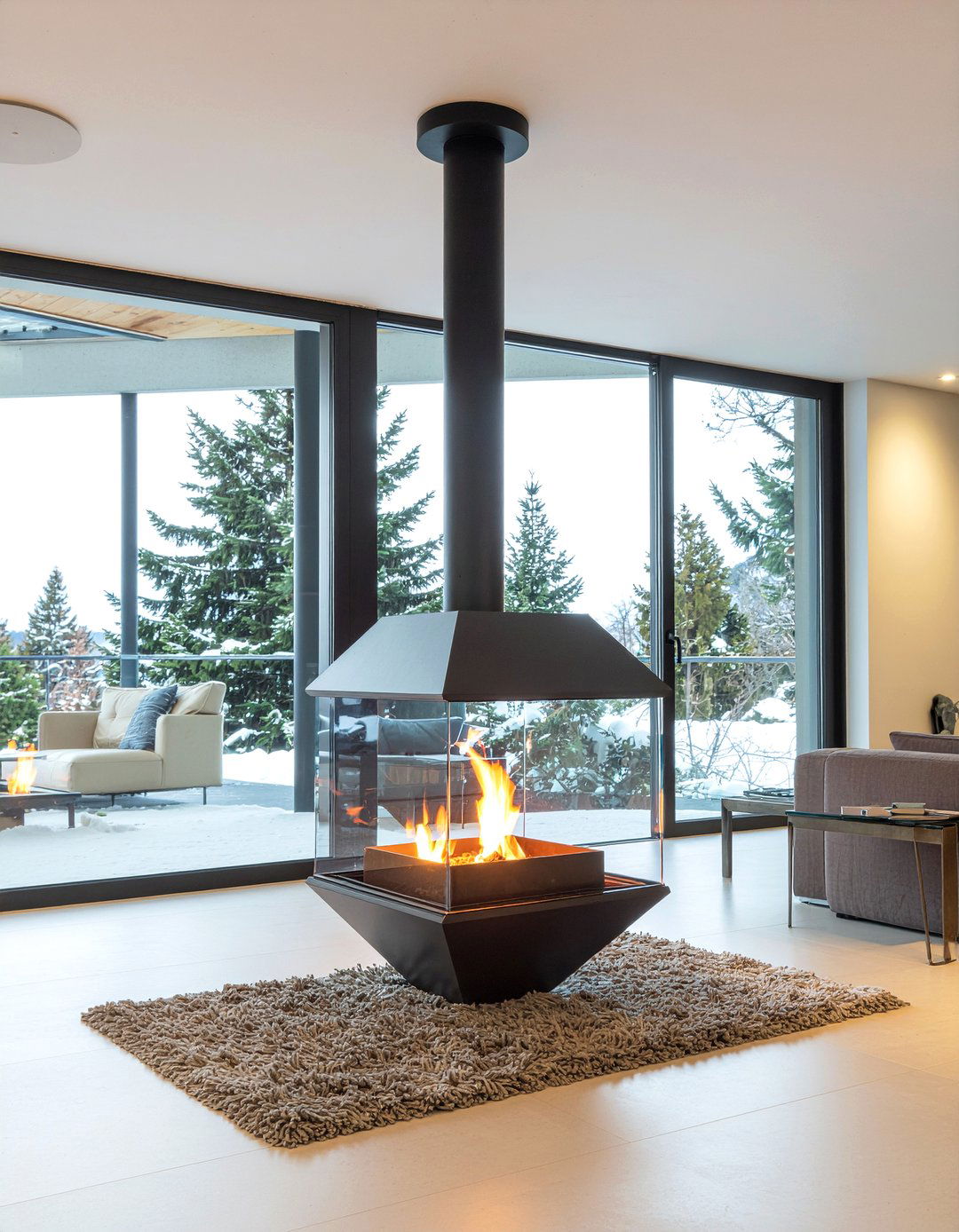 Three sided glass fireplace - 30 living room modern fireplace ideas