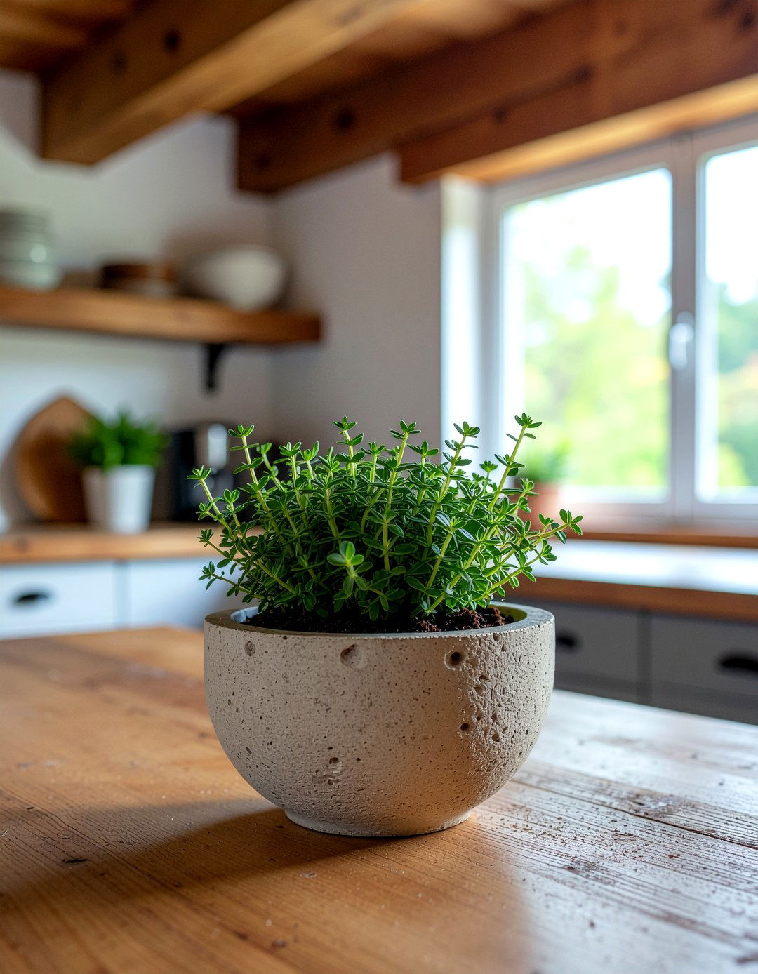 Thyme plant in rustic pot - 30 kitchen potted plant ideas