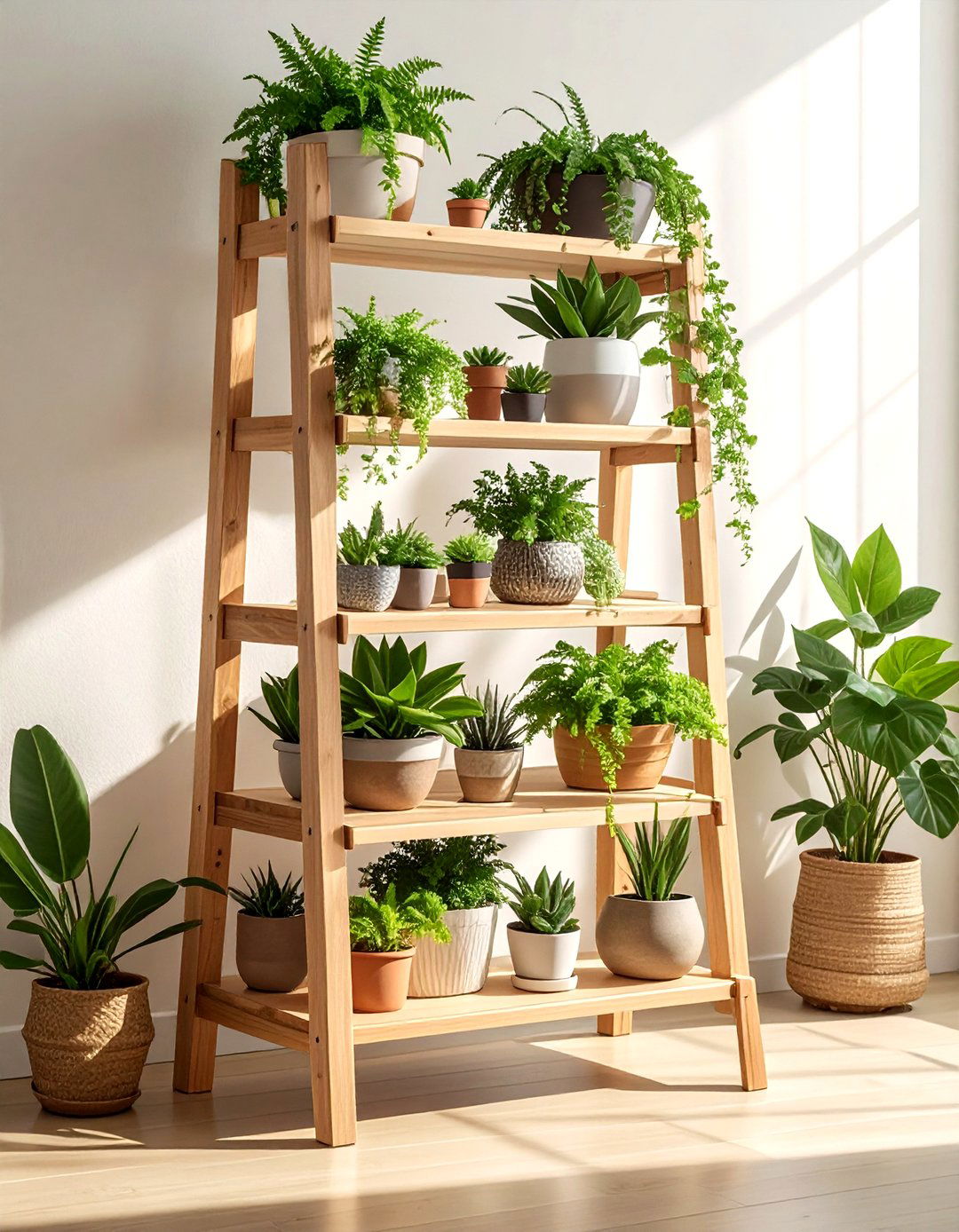 Tiered Wooden Plant Shelf - 30 indoor planter ideas