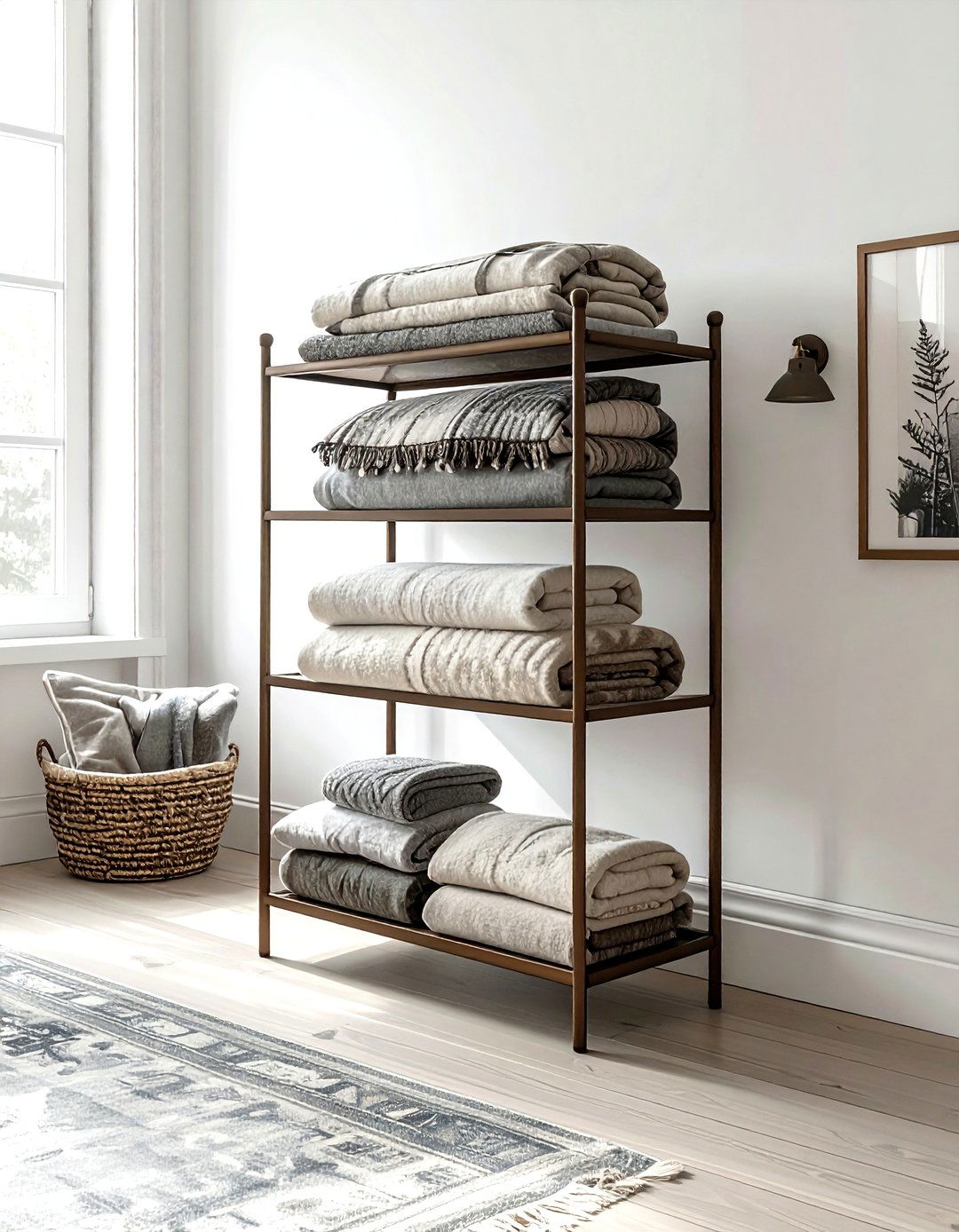 Tiered metal blanket stand - 30 living room blanket storage ideas