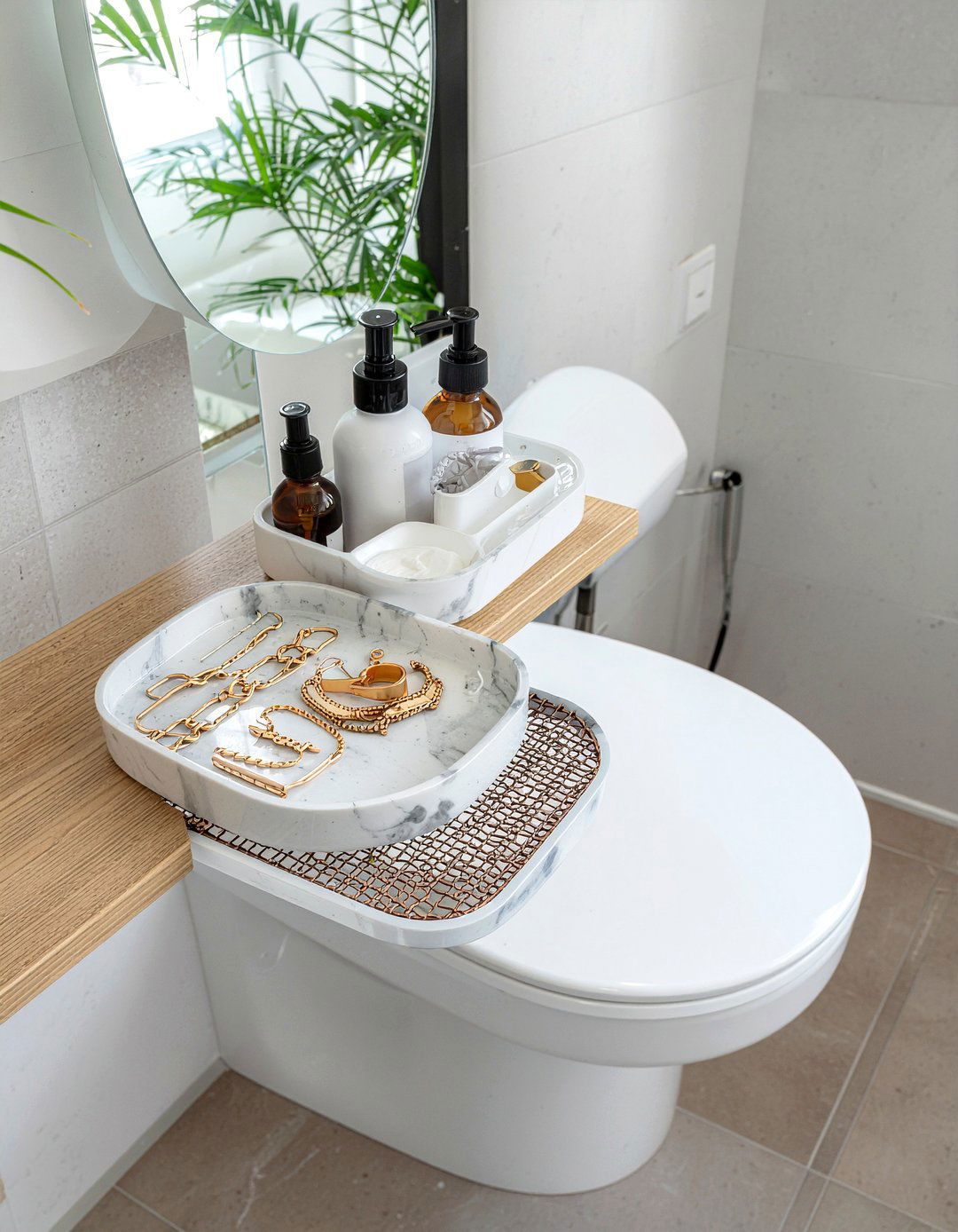 Tiered tray organizer - 30 over toilet storage ideas