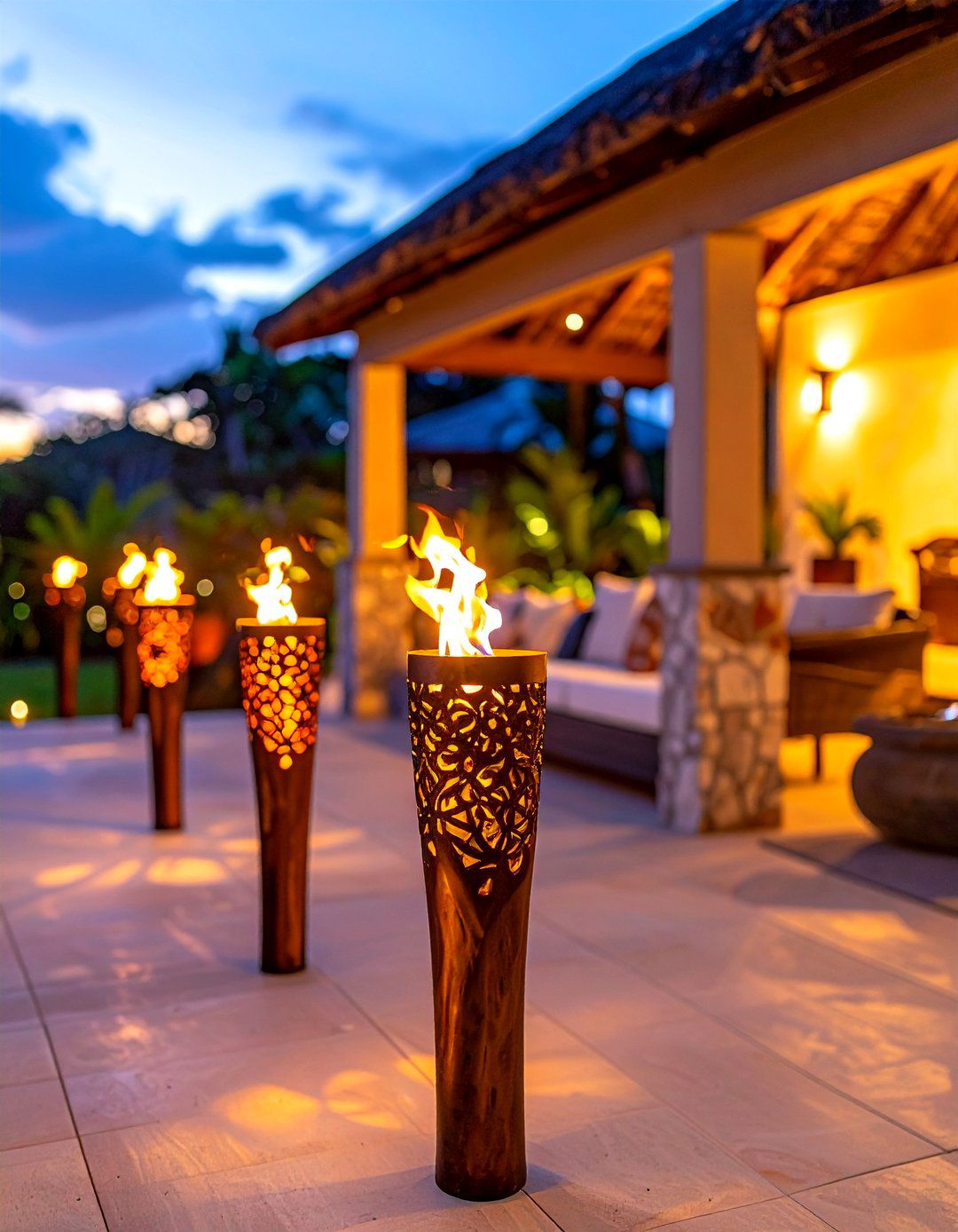 Tiki torches for tropical vibe - 30 outdoor lighting ideas