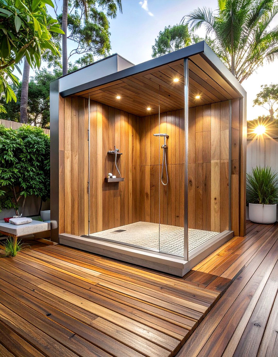 Timber shower deck - 30 outdoor bathroom ideas