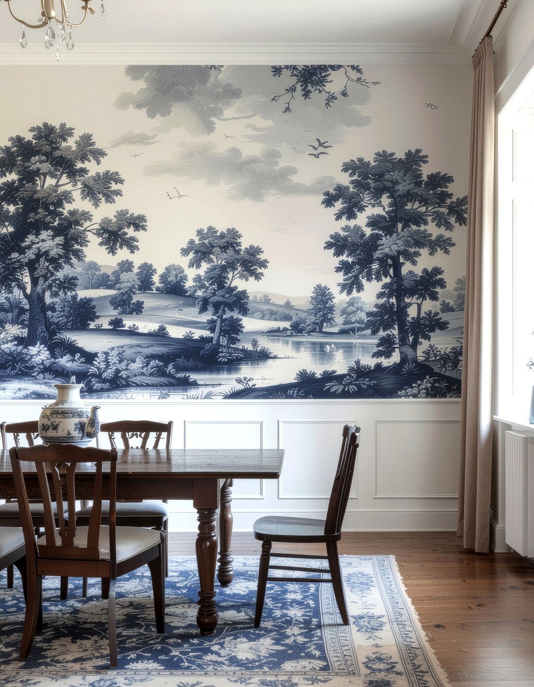 Toile Pattern Wallpaper - 30 colonial dining room ideas