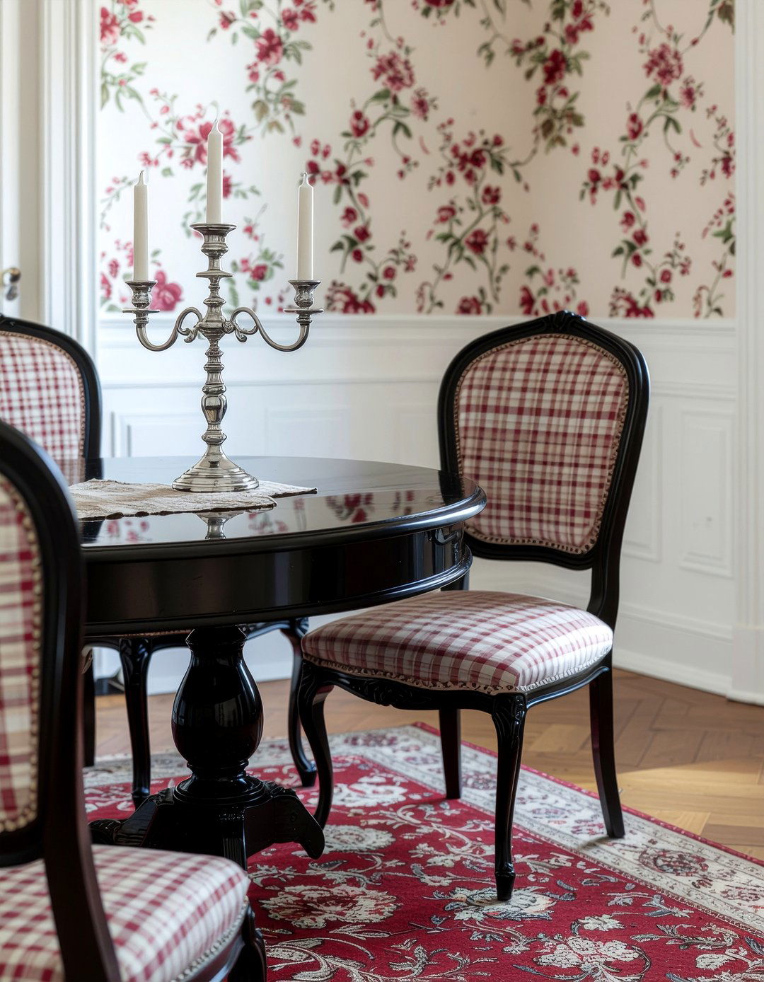 Toile Wallpaper And Checkered Upholstery - 30 dining room pattern mixing ideas