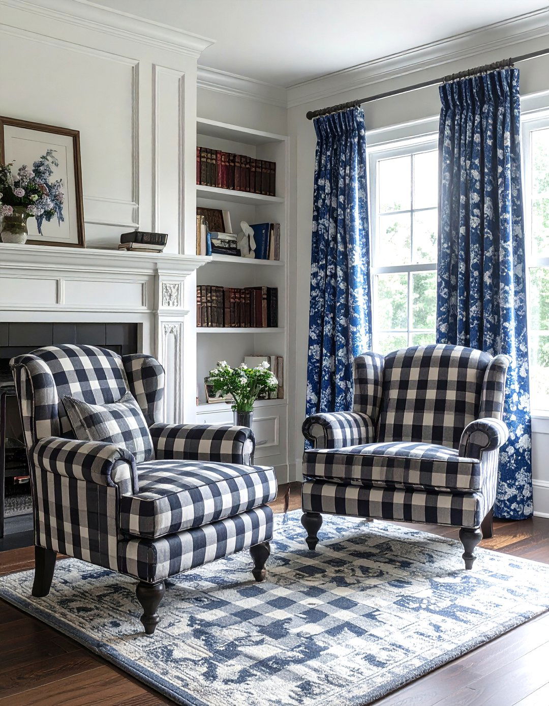 Toile and buffalo check upholstery - 30 pattern mixing decor ideas