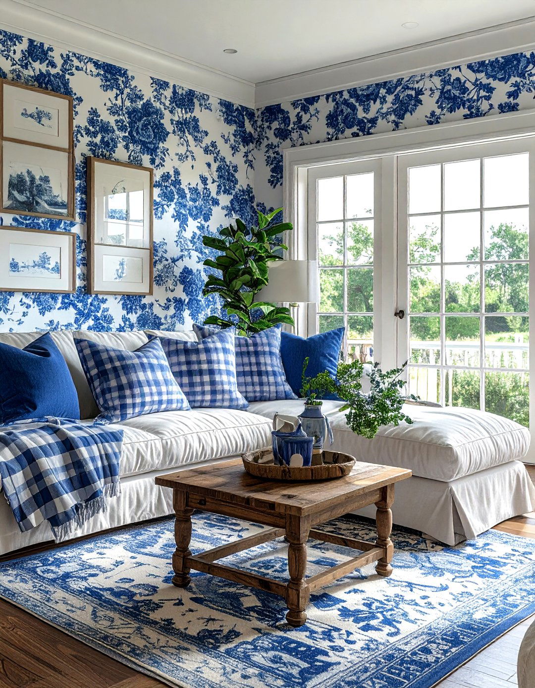 Toile and check living room - 30 living room pattern mixing ideas