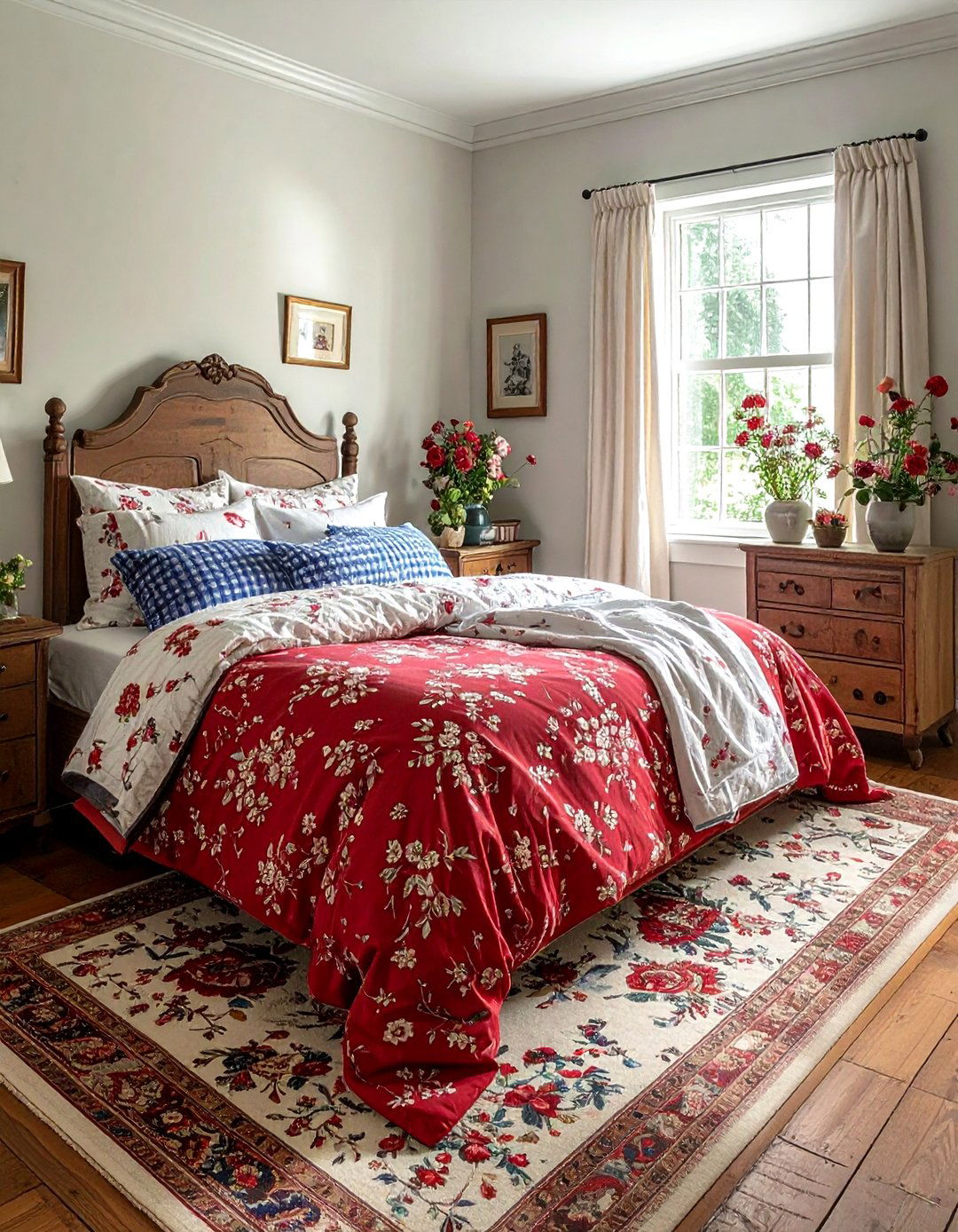 Toile and checkered bedding mix - 30 bedroom pattern mixing ideas