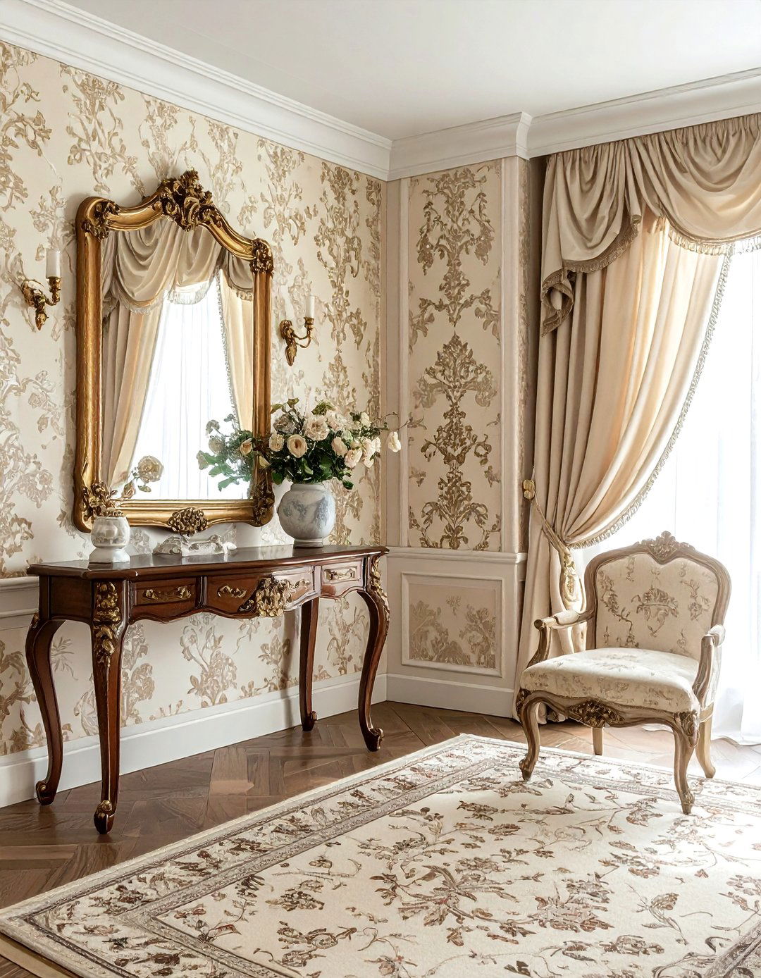 Toile and damask wall covering - 30 pattern mixing decor ideas