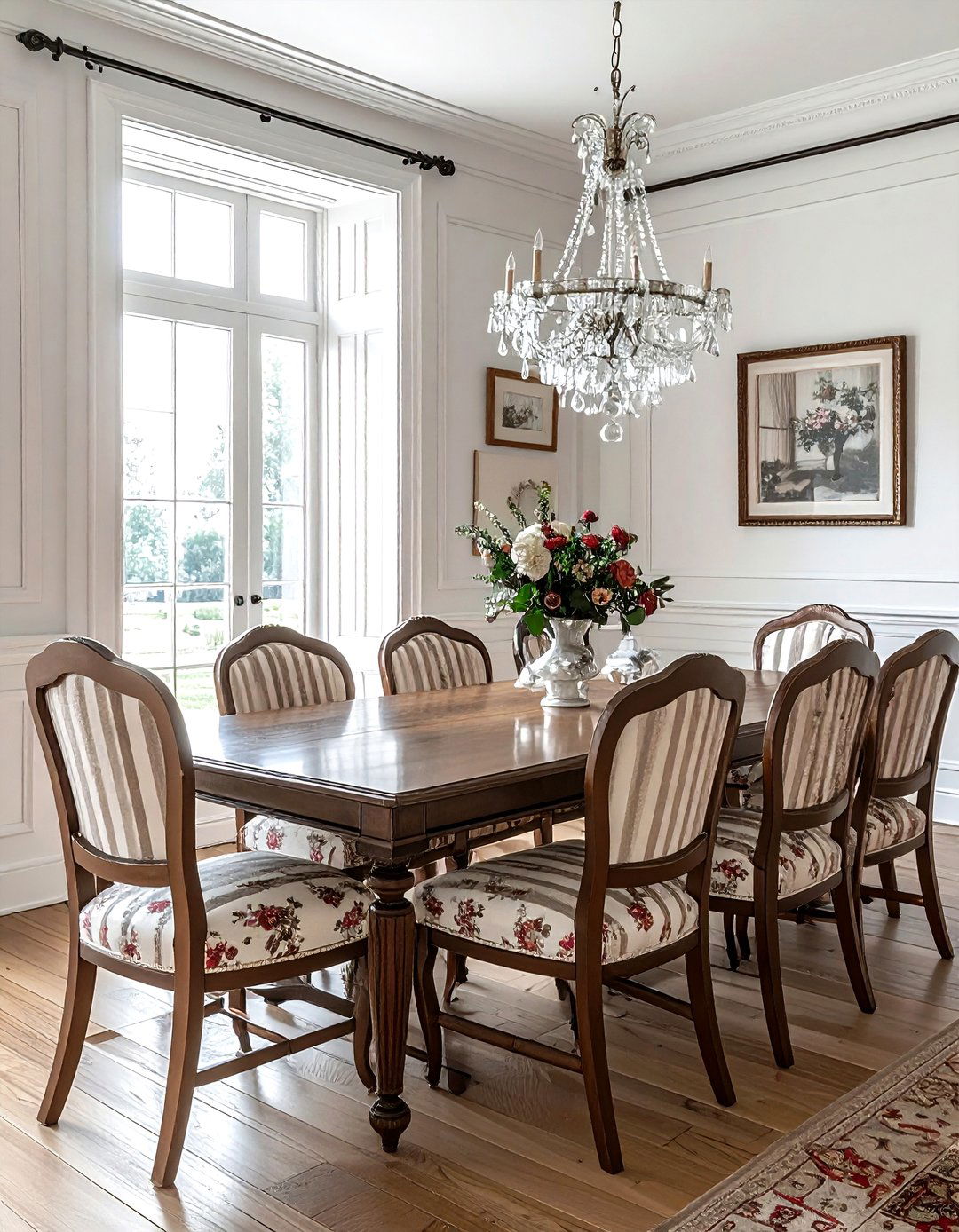 Toile and stripe dining chair - 30 pattern mixing decor ideas