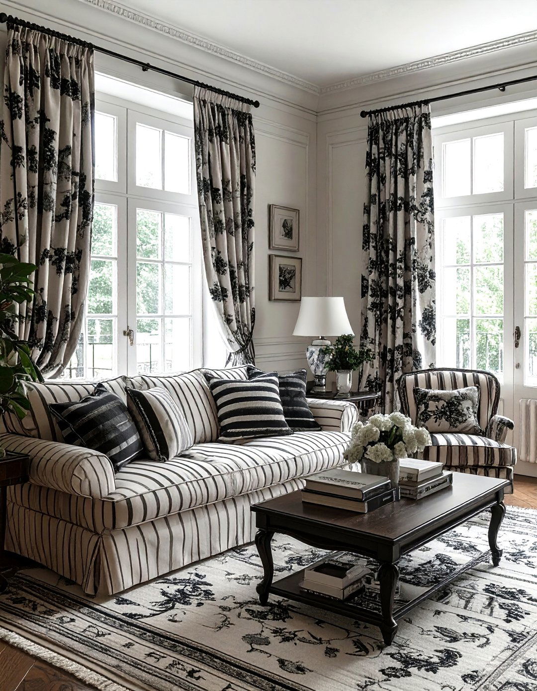 Toile de jouy and stripe living room - 30 living room pattern mixing ideas