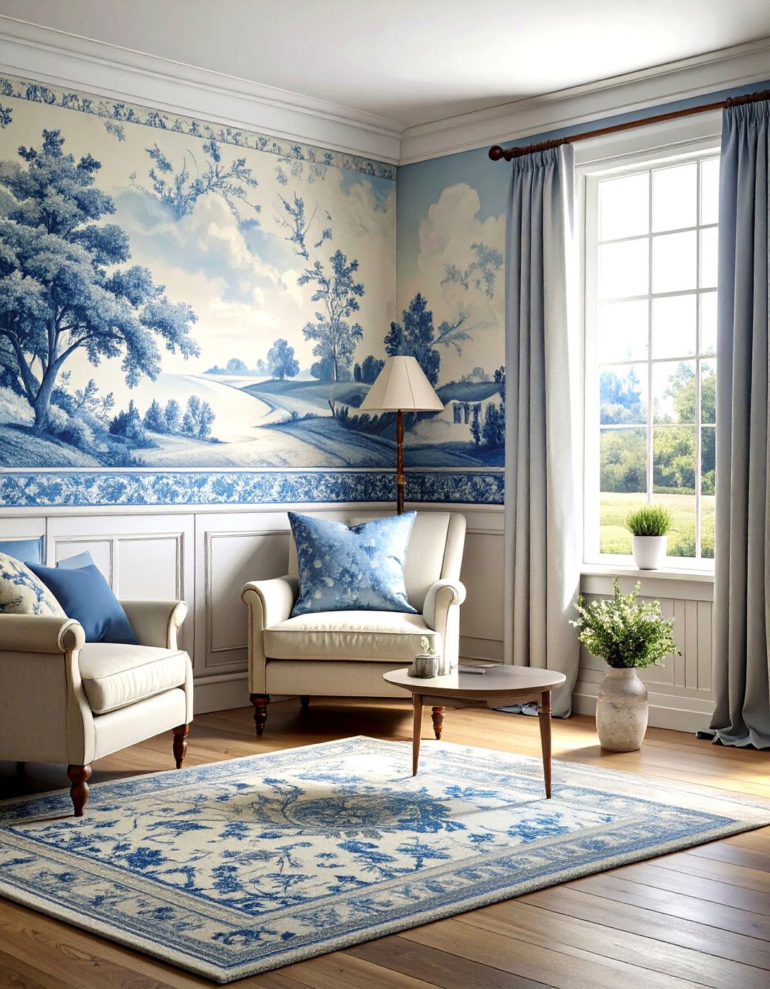 Toile wallpaper accent - 30 French cottage dining room ideas