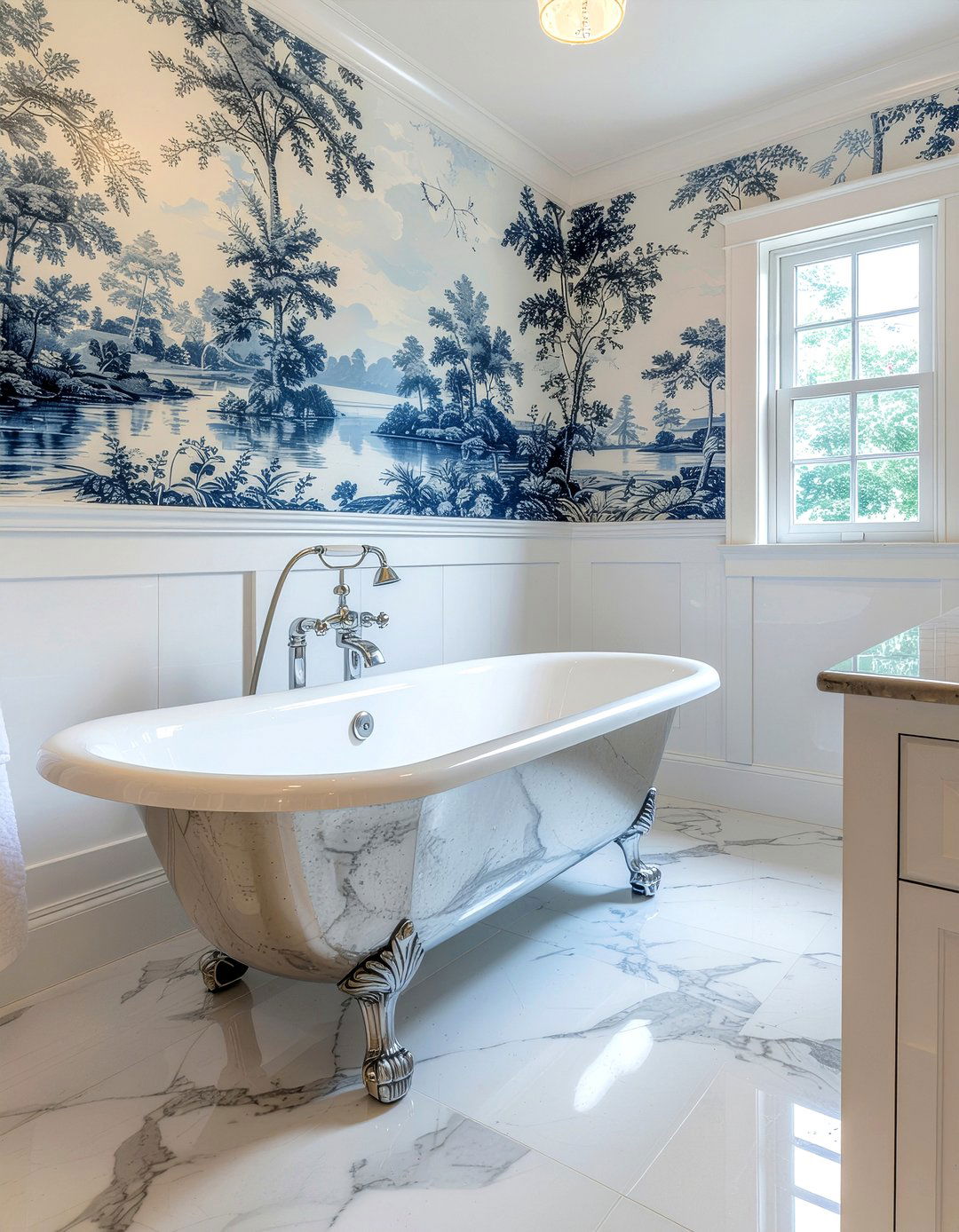 Toile wallpaper and marble tile - 30 bathroom pattern mixing ideas