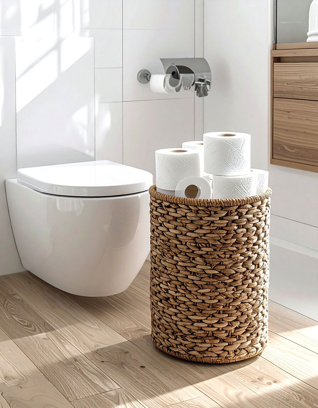 Toilet paper storage basket - 30 bathroom organization hacks