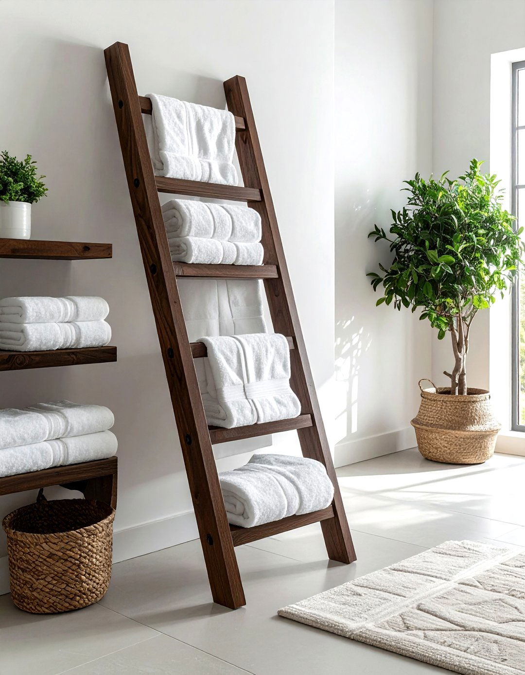 Towel Ladder - 30 quick bathroom makeover ideas
