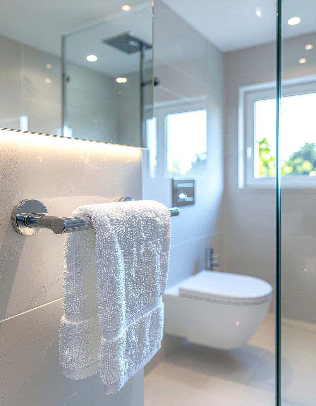 Towel bar on glass - 30 bathroom maximization ideas