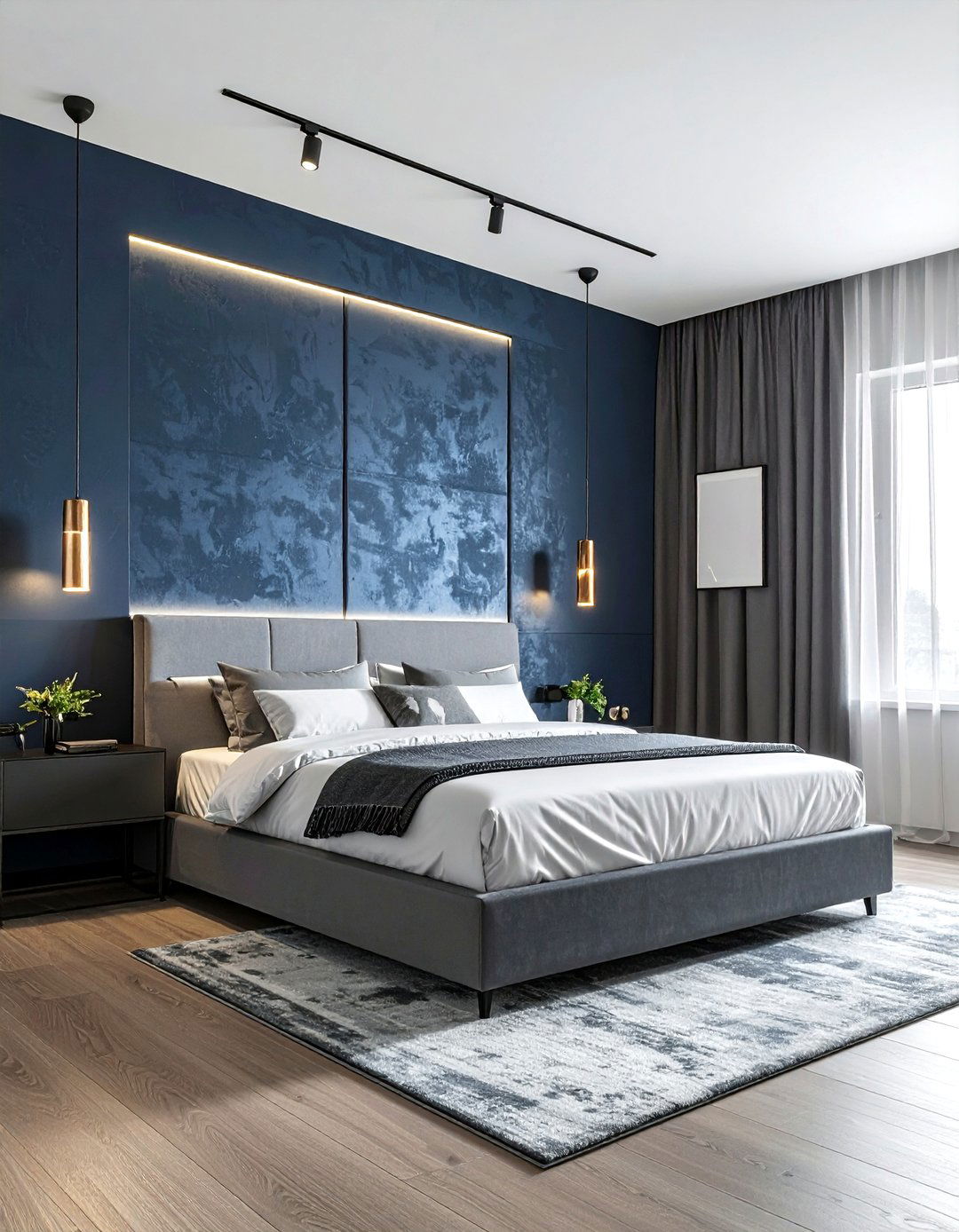 Track lighting for accent wall - 30 bedroom layered lighting ideas