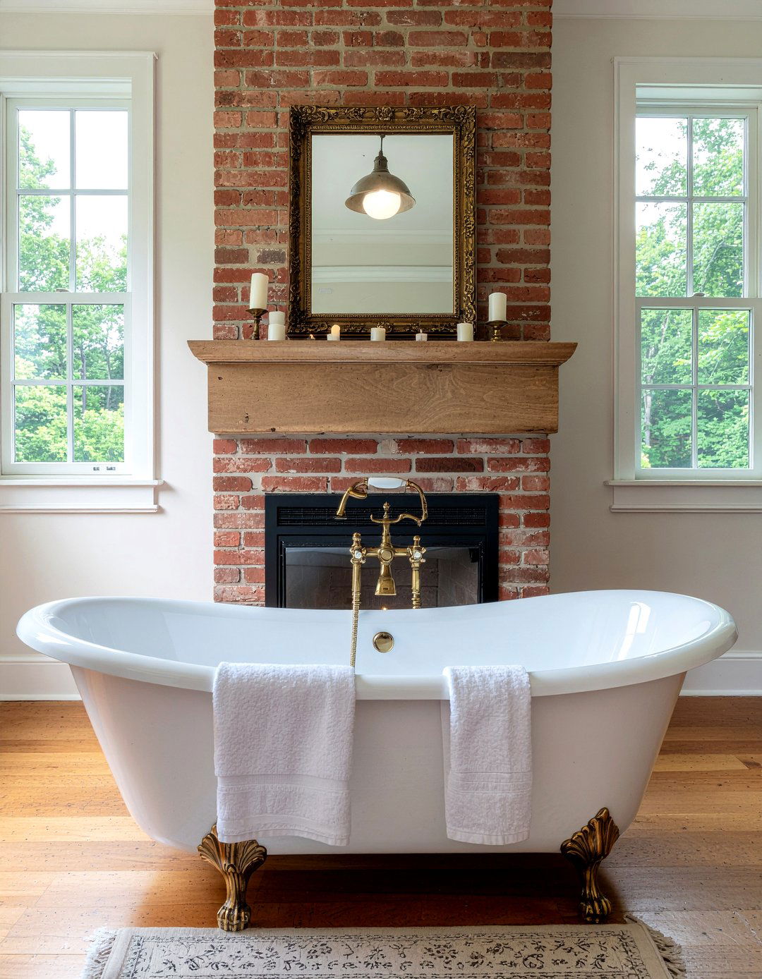 Traditional Clawfoot Tub Beside Brick Fireplace - 30 freestanding tub with fireplace ideas