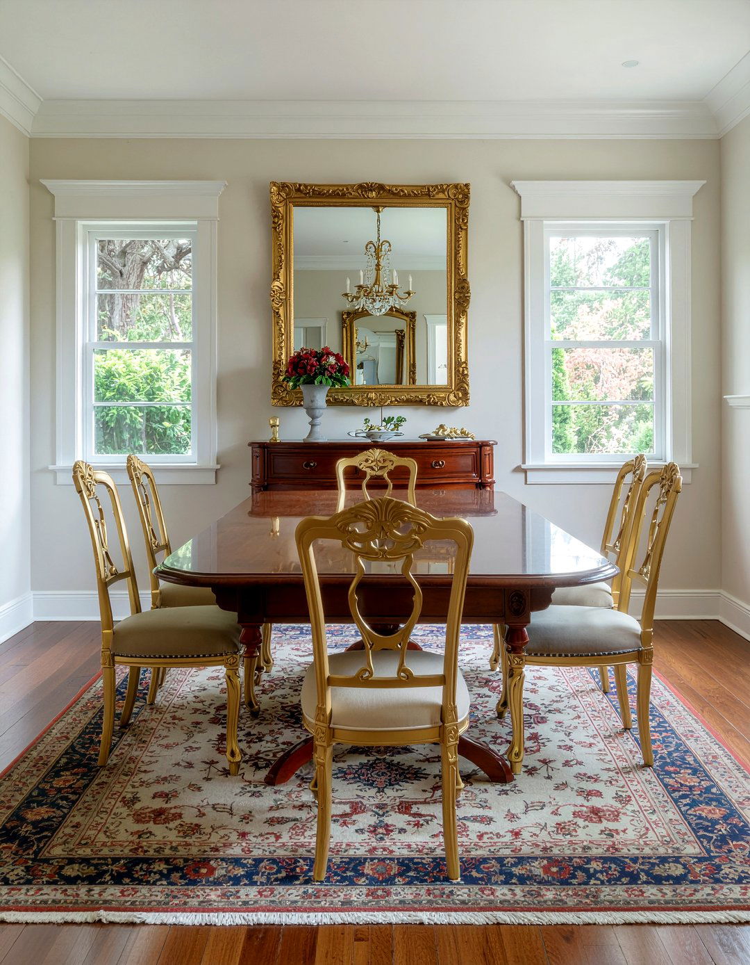 Traditional Dining Room With Cherry Wood And Gold Mirror - 30 ornate mirror dining room ideas