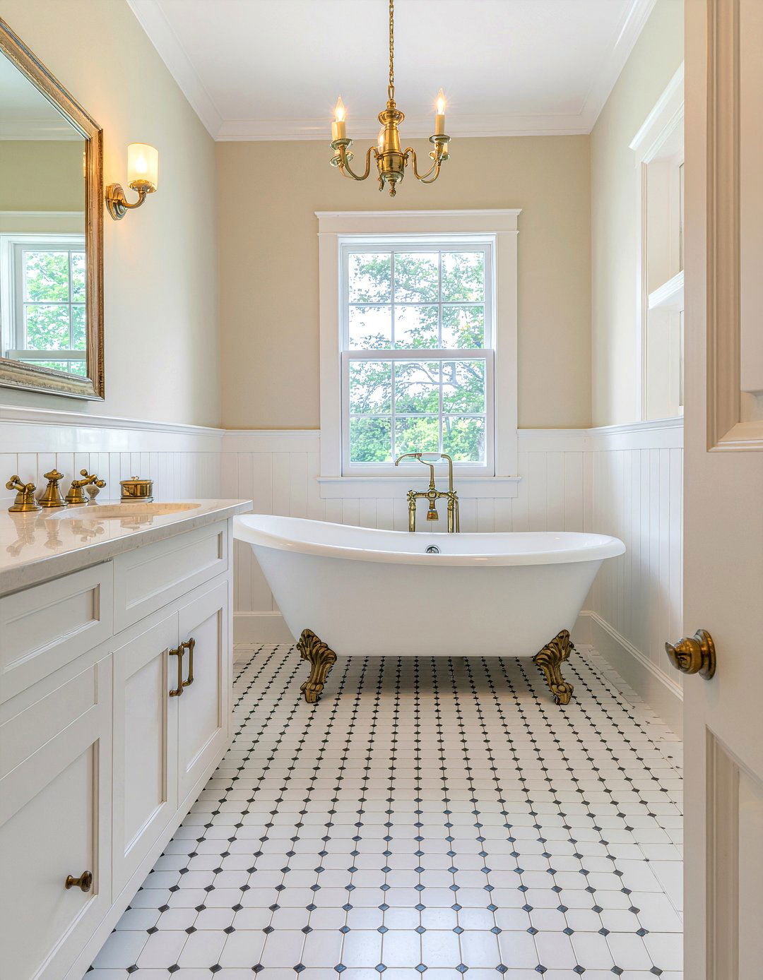 Traditional L shaped bathroom with wainscoting - 30 L-shaped bathroom layout ideas