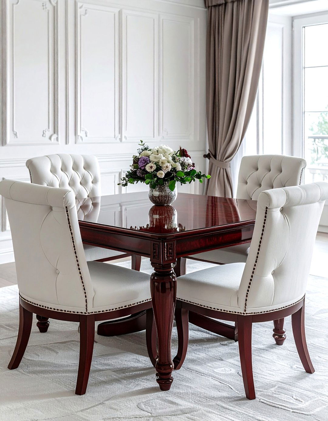 Traditional mahogany table white upholstery - 30 brown and white dining room ideas