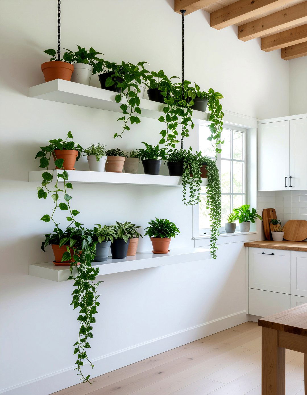 Trailing Greens On Floating Shelves - 30 hanging plant kitchen ideas