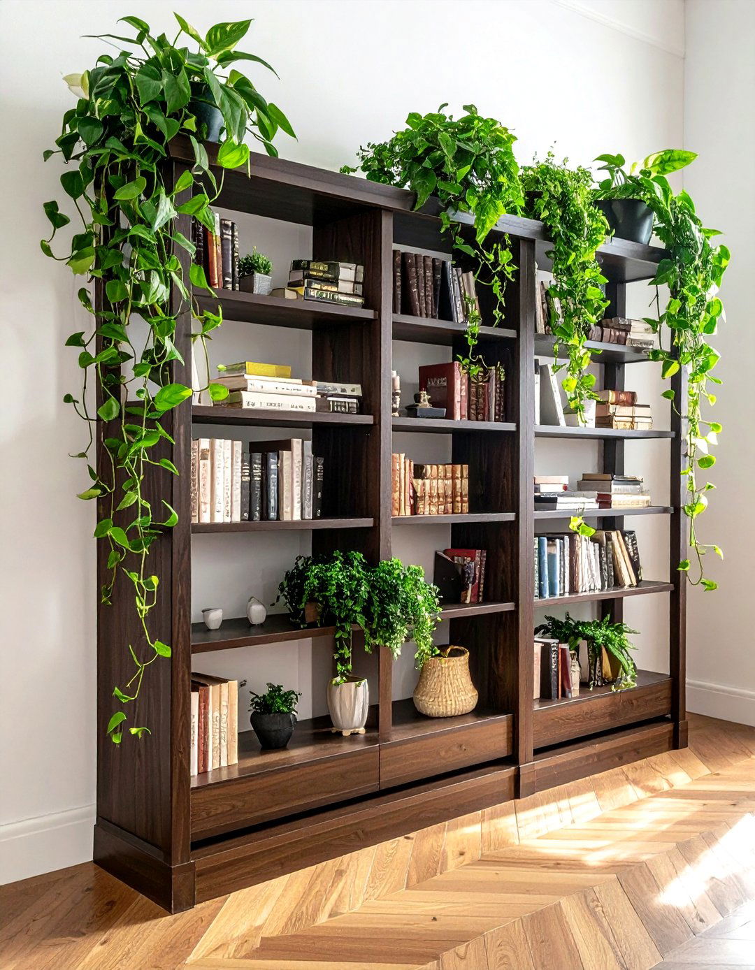 Trailing plants on bookshelf - 30 plant styling ideas