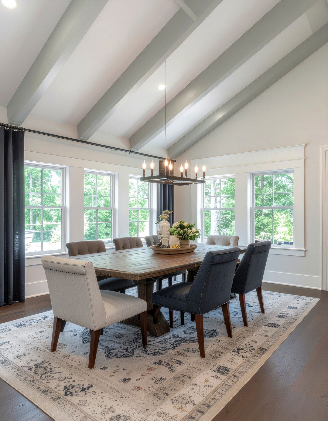 Transitional dining room painted beams - 30 dining room vaulted ceiling ideas