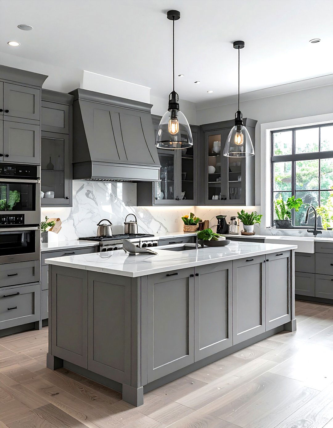 Transitional grey kitchen with glass pendants - 30 grey kitchen accessories ideas