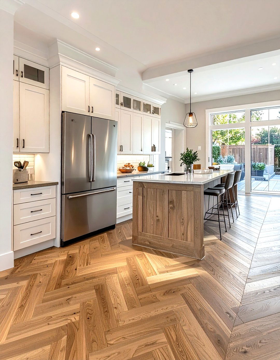 Transitional kitchen medium oak herringbone - 30 herringbone floor kitchen ideas