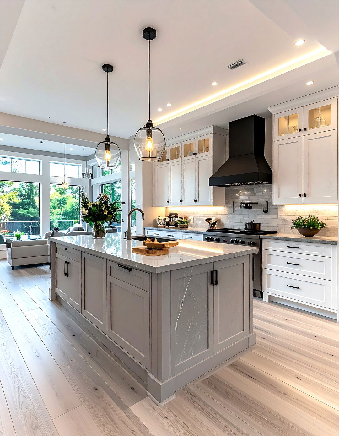 Transitional kitchen with island vent - 30 downdraft cooktop kitchen ideas